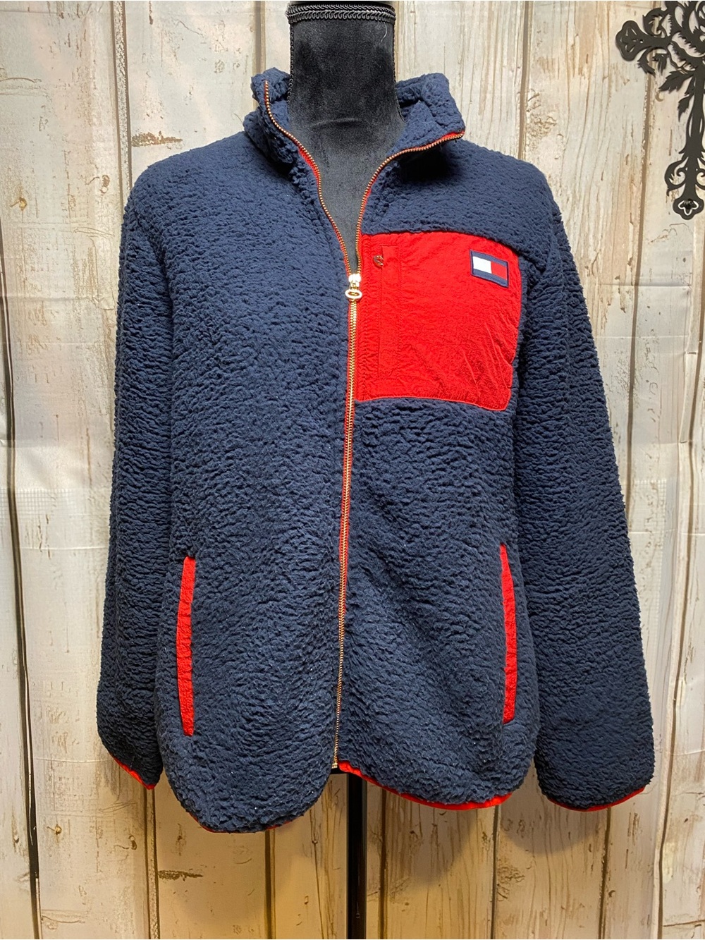 Tommy Hilfiger Navy Sherpa Jacket with Red Trim Sz-M